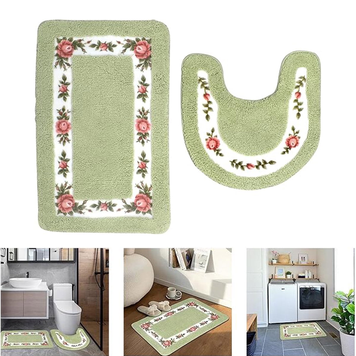 Bathroom Rug Set of 2PCS Floral Rose Bath Rug Washable NonSlip Toilet