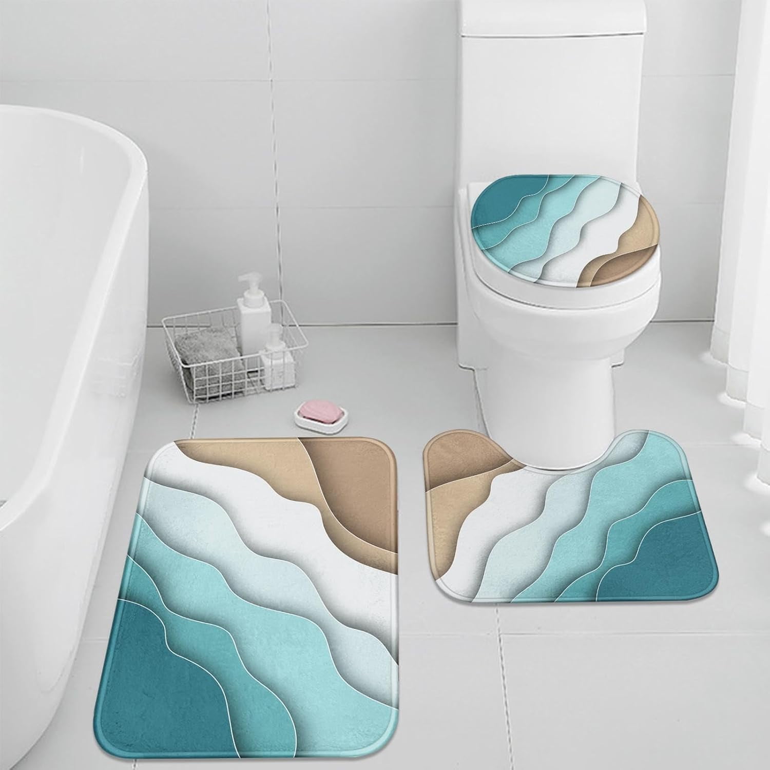 Bathroom Rug Set of 3, 3 Pieces Bath Mats Set, Abstract Blue Beach No Silp Washable Cover Floor Rug Decorations for Kitchen Bathroom Bedroom