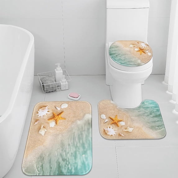 Bathroom Rug Set of 3, 3 Pieces Bath Mats Set, Beach Starfish No Silp Washable Cover Floor Rug Decorations for Kitchen Bathroom Bedroom