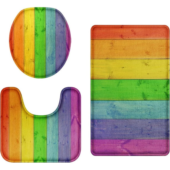 Bathroom Rug Set of 3, 3 Pieces Bath Mats Set, Rainbow Wood Plank Texture No Silp Washable Cover Floor Rug Decorations for Kitchen Bathroom Bedroom