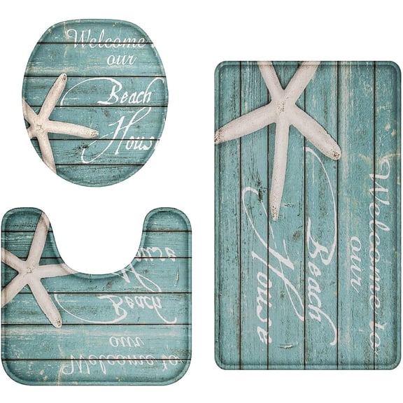 Bathroom Rug Set of 3 3 Pieces Bath Mats Set for Bathroom Light Blue Starfish and Text No Silp Washable Cover Floor Rug