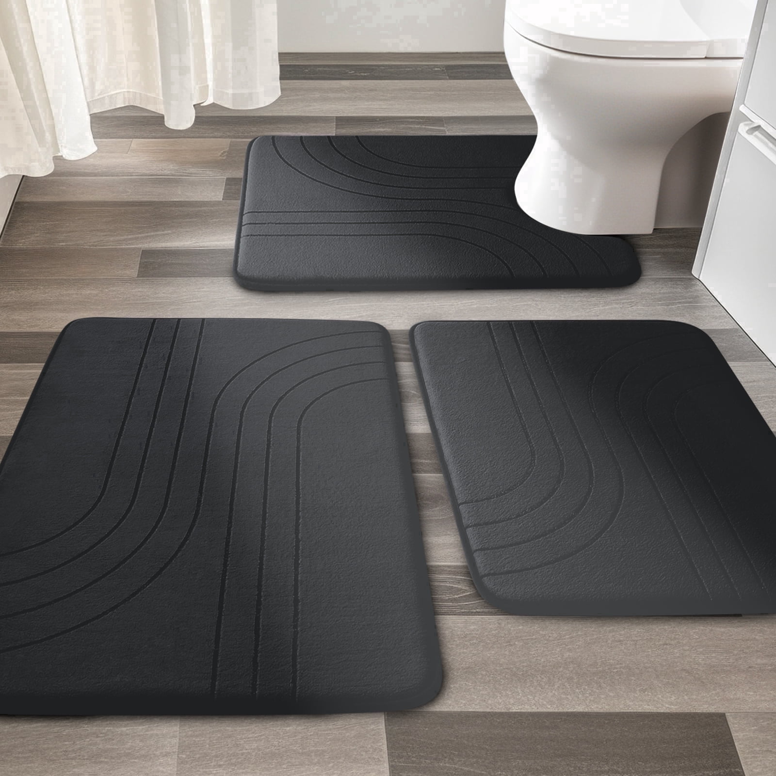 CHAKMEONE Bathroom Rug Sets 3 Piece,Non Slip Bath Mat Set with U-Shaped Toilet Rug,Super Absorbent Memory Foam Bathroom Floor Mats for Shower,Tub,Toilet,Black