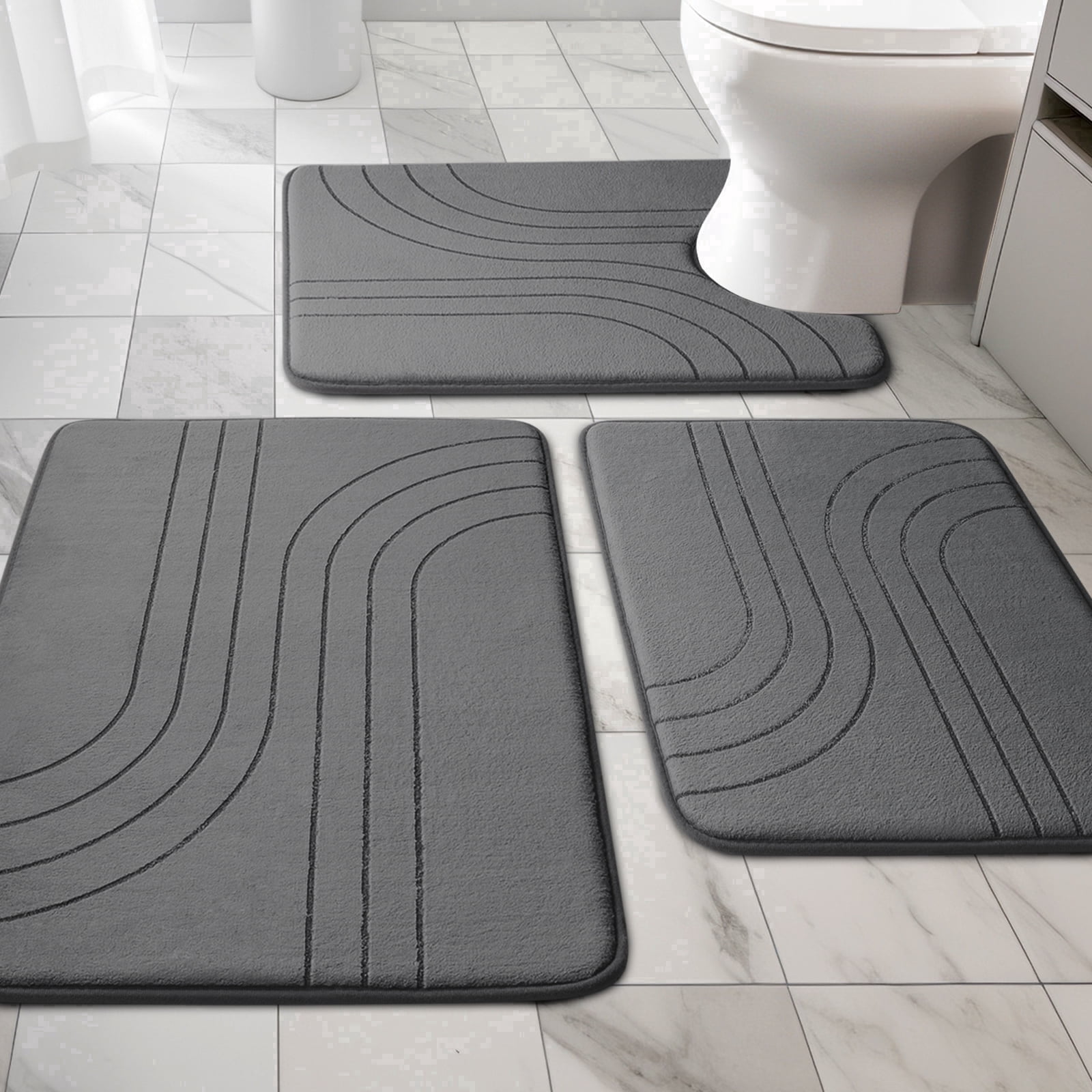 CHAKMEONE Bathroom Rug Sets 3 Piece,Non Slip Bath Mat Set with U-Shaped Toilet Rug,Super Absorbent Memory Foam Bathroom Floor Mats for Shower,Tub,Toilet,Gray