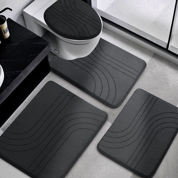CHAKMEONE Bathroom Rug Sets 4 Piece,Non Slip Bath Mat Set with U-Shaped Toilet Rug,Super Absorbent Memory Foam Bathroom Floor Mats for Shower,Tub,Toilet,Black