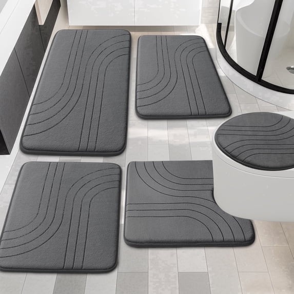 CHAKMEONE Bathroom Rug Sets 5 Piece,Non Slip Bath Mat Set with U-Shaped Toilet Rug,Super Absorbent Memory Foam Bathroom Floor Mats for Shower,Tub,Toilet,Gray