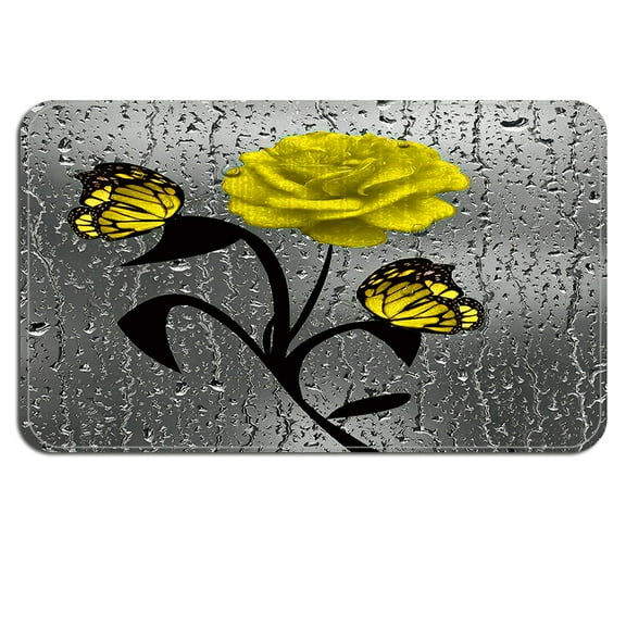 Bathroom Rug Soft Flannel Memory Foam 20"x32" Yellow Flower & Butterfly Pattern Bath Mats Non-Slip Water Absorption Floor Mat