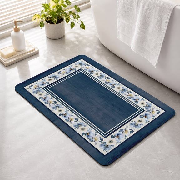 Bathroom Rug Spring Farmhouse Floral Water Absorbent Non-Slip Bath Mat, Washable Quick-Dry Bathroom Floor Mat for Bathtub, Shower, Sink 16" x 24" Vintage Navy Blue