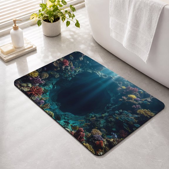 Bathroom Rug Tropical Coral Reef Water Absorbent Non-Slip Bath Mat, Washable Quick-Dry Bathroom Floor Mat for Bathtub, Shower, Sink 16" x 24" Coastal Marine Serene Nautical Blue