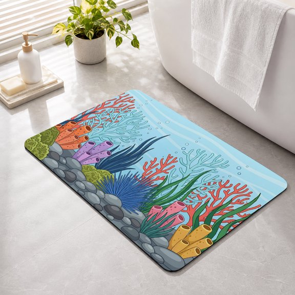 Bathroom Rug Tropical Coral Reef Water Absorbent Non-Slip Bath Mat, Washable Quick-Dry Bathroom Floor Mat for Bathtub, Shower, Sink 16" x 24" Summer Ocean Seaweed Cyan Blue