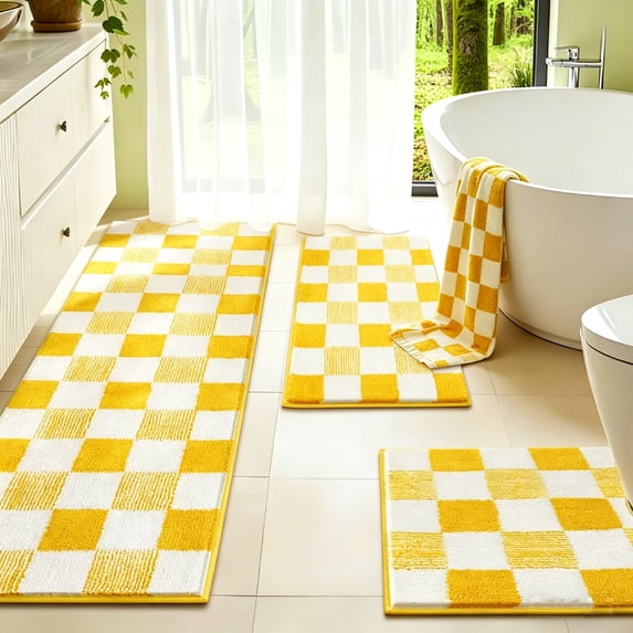 Bathroom Rugs, Yamaziot Checkered Bath Rugs Set 3, Non Slip Absorbent Bathroom Runner with Toilet Cover Mat, Washable Extra Soft Microfiber Floor Carpet