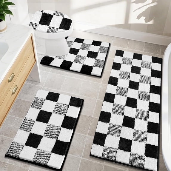 Bathroom Rugs, Yamaziot Checkered Black Bath Rugs Runner with Toilet Mat, Non Slip Water Absorbent Microfiber, 4 Count