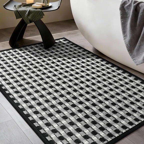 Bathroom Rugs 16" x 24", Ultra Thin Checkered Weave Bath Mat - Soft Absorbent Quick Dry Bath Mat, Machine Washable Non Slip Bath Rugs for Bath, Shower and Tub, Black White