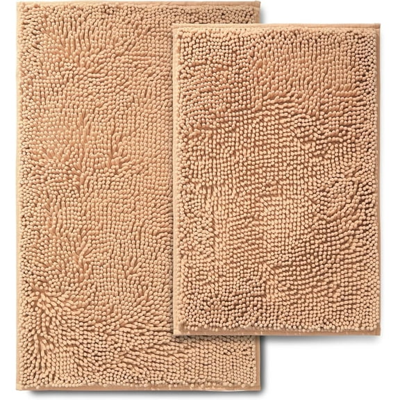 TJOUL Bathroom Rug Set, Chenille, Soft Absorbent Non-Slip, Machine Washable, 2 Piece, 24x17 & 20x30 in, Beige