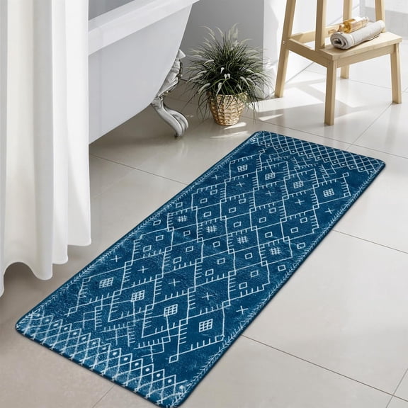 Bathroom Rugs 20x31 inch Black Boho Bath Mat Non-Slip Geometric Moroccan Farmhouse Bath Rug Soft Velvet Machine Washable Bathroom Mats for Tub Sink Shower