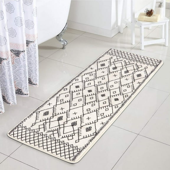 Bathroom Rugs 20x31 inch Black Boho Bath Mat Non-Slip Geometric Moroccan Farmhouse Bath Rug Soft Velvet Machine Washable Bathroom Mats for Tub Sink Shower
