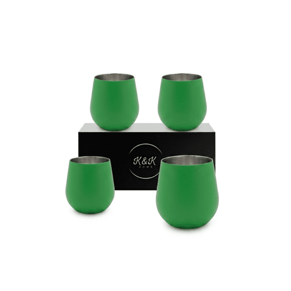 K&K Home Stainless Steel Unbreakable Stemless Wine Glasses - 15 oz - Set of 4 Colored, Stemless Metal Wine Glasses Perfect for Outdoors, Weddings, and Parties (Green)