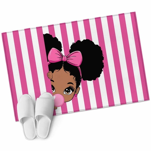 Bathroom Rugs 2x3 Ft, African Girl Non Slip Area Rugs for Kitchen Bedroom Entryway, Afro American Black Girl with Bubble Pink Stripes Washable Carpet Runner Rug Floor Mats for Bedroom Home Decor