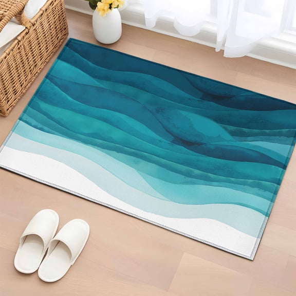 Bathroom Rugs 2x3 Ft, Aqua Blue Ombre Non Slip Area Rugs for Kitchen Bedroom Entryway, Modern Ocean Waves Abstract Moire Art Washable Carpet Runner Rug Floor Mats for Bedroom Home Decor