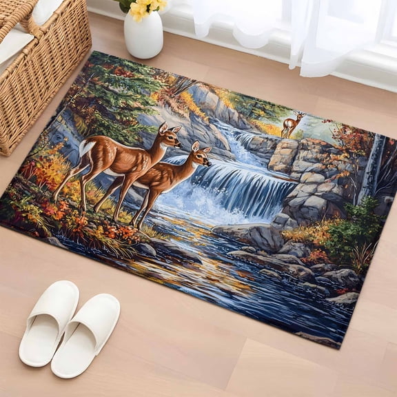 Bathroom Rugs 2x3 Ft, Autumn Deer Non Slip Area Rugs for Kitchen Bedroom Entryway, Farmhouse Elk River Washable Carpet Runner Rug Floor Mats for Bedroom Home Decor