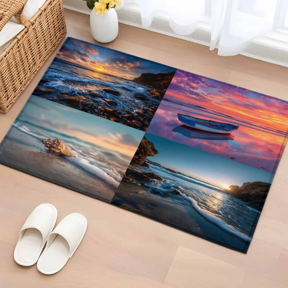 Bathroom Rugs 2x3 Ft, Beach Conch Non Slip Area Rugs for Kitchen Bedroom Entryway, Ocean Boat Pink Sunset Reef Coastal Seascape Washable Carpet Runner Rug Floor Mats for Bedroom Home Decor