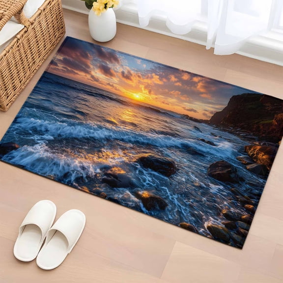 Bathroom Rugs 2x3 Ft, Beach Reef Non Slip Area Rugs for Kitchen Bedroom Entryway, Beach Sunset Ocean Waves Natural Scenery Washable Carpet Runner Rug Floor Mats for Bedroom Home Decor