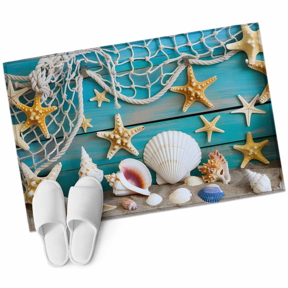 Bathroom Rugs 2x3 Ft, Beach Starfish Non Slip Area Rugs for Kitchen Bedroom Entryway, Ocean Conch Fishing Net Blue Wood Grain Washable Carpet Runner Rug Floor Mats for Bedroom Home Decor