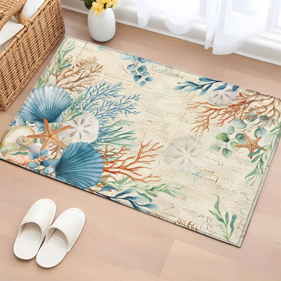 Bathroom Rugs 2x3 Ft, Beige Beach Coastal Non Slip Area Rugs for Kitchen Bedroom Entryway, Summer Nautical Coral Shell Botanical Washable Carpet Runner Rug Floor Mats for Bedroom Home Decor