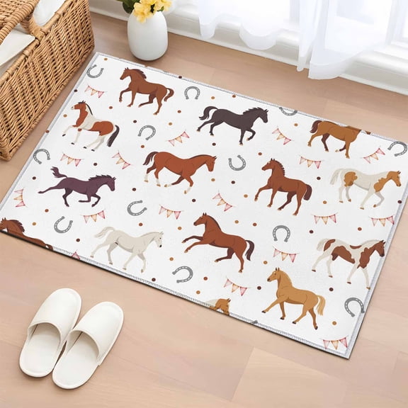 Bathroom Rugs 2x3 Ft, Beige Brown Horses Non Slip Area Rugs for Kitchen Bedroom Entryway, Horseshoes Farmhouse Abstract Art Washable Carpet Runner Rug Floor Mats for Bedroom Home Decor