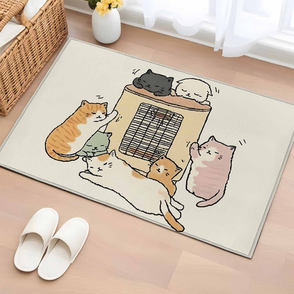Bathroom Rugs 2x3 Ft, Beige Cute Cat Non Slip Area Rugs for Kitchen Bedroom Entryway, Cartoon Funny Heater Cats Washable Carpet Runner Rug Floor Mats for Bedroom Home Decor