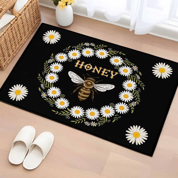 Bathroom Rugs 2x3 Ft, Black Daisy Bees Non Slip Area Rugs for Kitchen Bedroom Entryway, Spring Farmhouse Honey Floral Rings Washable Carpet Runner Rug Floor Mats for Bedroom Home Decor