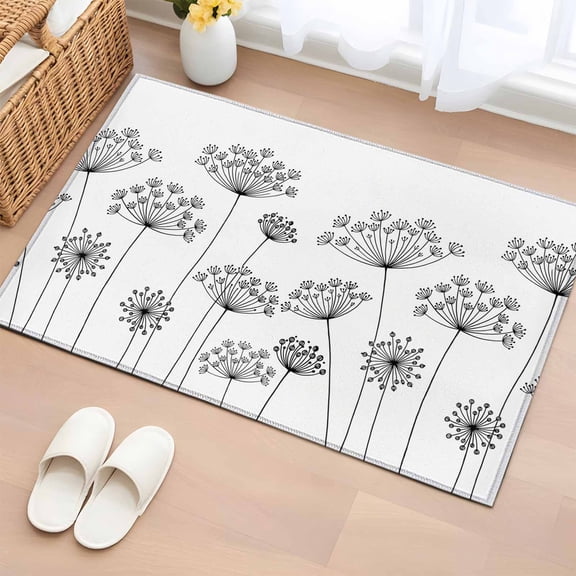 Bathroom Rugs 2x3 Ft, Black Dandelion Non Slip Area Rugs for Kitchen Bedroom Entryway, Spring Country Modern Minimalist Flower Washable Carpet Runner Rug Floor Mats for Bedroom Home Decor