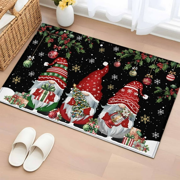 Bathroom Rugs 2x3 Ft, Black Gnomes Christmas Non Slip Area Rugs for Kitchen Bedroom Entryway, Xmas Ball Gifts Snowflake Washable Carpet Runner Rug Floor Mats for Bedroom Home Decor