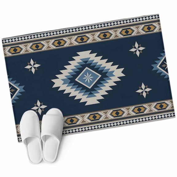 Bathroom Rugs 2x3 Ft, Blue Brown Boho Non Slip Area Rugs for Kitchen Bedroom Entryway, Country Southwest Tribal Abstract Motifs Washable Carpet Runner Rug Floor Mats for Bedroom Home Decor
