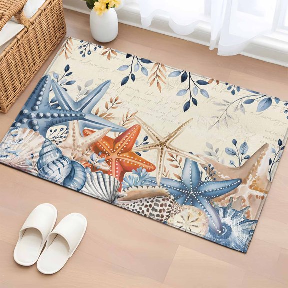Bathroom Rugs 2x3 Ft, Blue Coastal Non Slip Area Rugs for Kitchen Bedroom Entryway, Summer Beach Starfish Weeping Eucalyptus Retro Washable Carpet Runner Rug Floor Mats for Bedroom Home Decor