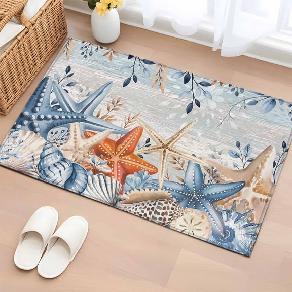 Bathroom Rugs 2x3 Ft, Blue Coastal Non Slip Area Rugs for Kitchen Bedroom Entryway, Summer Beach Starfish Weeping Eucalyptus Vintage Washable Carpet Runner Rug Floor Mats for Bedroom Home Decor