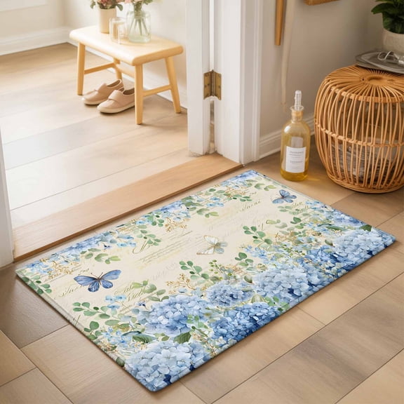 Bathroom Rugs 2x3 Ft, Blue Hydrangea Non Slip Area Rugs for Kitchen Bedroom Entryway, Spring Summer Eucalyptus Farmhouse Retro Washable Carpet Runner Rug Floor Mats for Bedroom Home Decor