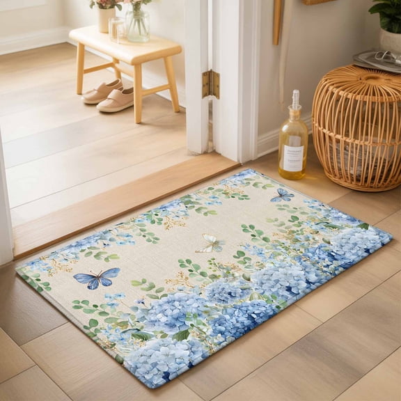 Bathroom Rugs 2x3 Ft, Blue Hydrangea Non Slip Area Rugs for Kitchen Bedroom Entryway, Spring Summer Eucalyptus Vintage Beige Washable Carpet Runner Rug Floor Mats for Bedroom Home Decor