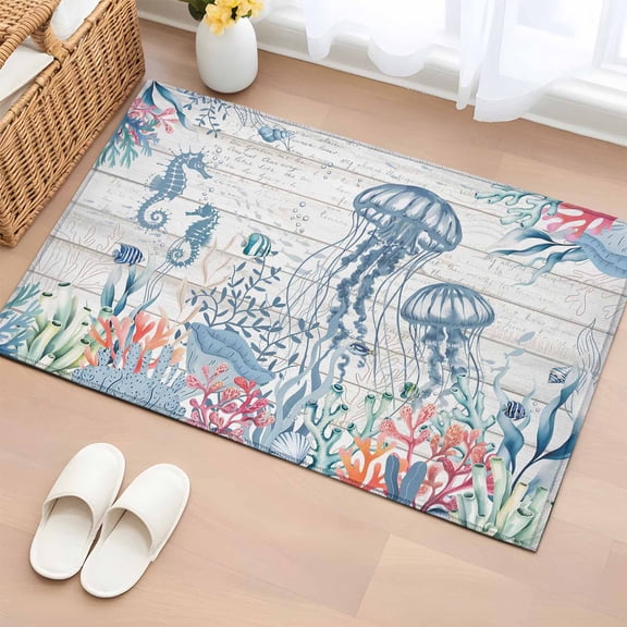 Bathroom Rugs 2x3 Ft, Blue Jellyfish Non Slip Area Rugs for Kitchen Bedroom Entryway, Coastal Summer Beach Washable Carpet Runner Rug Floor Mats for Bedroom Home Decor Nautical Coral Wooden