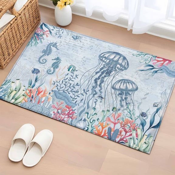 Bathroom Rugs 2x3 Ft, Blue Jellyfish Non Slip Area Rugs for Kitchen Bedroom Entryway, Coastal Summer Beach Washable Carpet Runner Rug Floor Mats for Bedroom Home Decor Nautical Coral