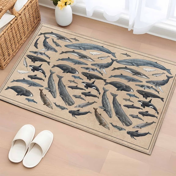 Bathroom Rugs 2x3 Ft, Blue Ocean Whales Non Slip Area Rugs for Kitchen Bedroom Entryway, Retro Coastal Underwater Animal Brown Washable Carpet Runner Rug Floor Mats for Bedroom Home Decor