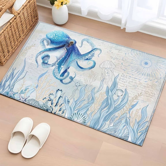 Bathroom Rugs 2x3 Ft, Blue Octopus Coastal Non Slip Area Rugs for Kitchen Bedroom Entryway, Summer Beach Washable Carpet Runner Rug Floor Mats for Bedroom Home Decor Nautical Ocean Coral