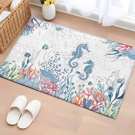 Bathroom Rugs 2x3 Ft, Blue Seahorse Non Slip Area Rugs for Kitchen Bedroom Entryway, Coastal Summer Beach Washable Carpet Runner Rug Floor Mats for Bedroom Home Decor Nautical Coral