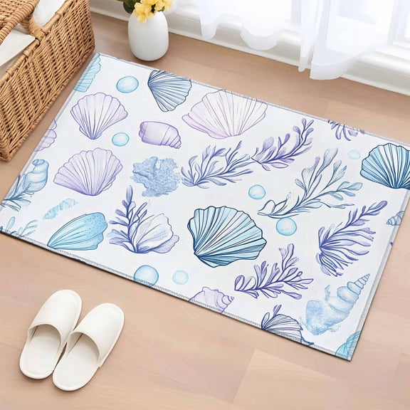 Bathroom Rugs 2x3 Ft, Blue Shell Coastal Non Slip Area Rugs for Kitchen Bedroom Entryway, Nautical Summer Beach Botanical Washable Carpet Runner Rug Floor Mats for Bedroom Home Decor
