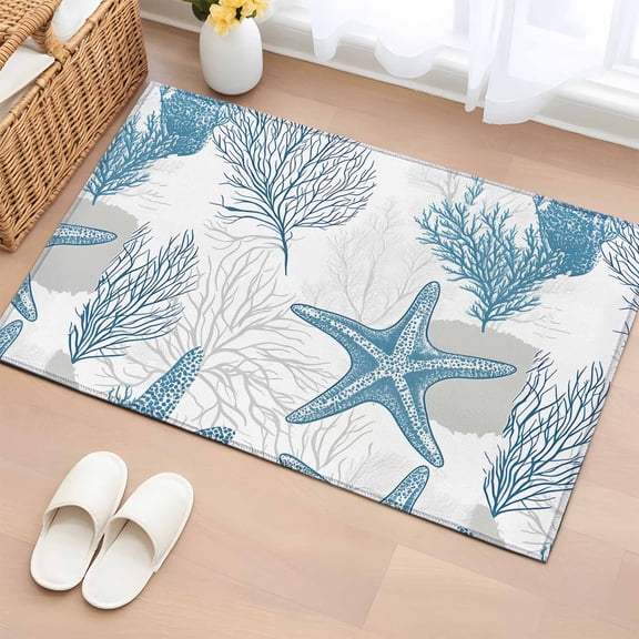 Bathroom Rugs 2x3 Ft, Blue Starfish Coastal Non Slip Area Rugs for Kitchen Bedroom Entryway, Nautical Summer Beach Coral Ocean Washable Carpet Runner Rug Floor Mats for Bedroom Home Decor