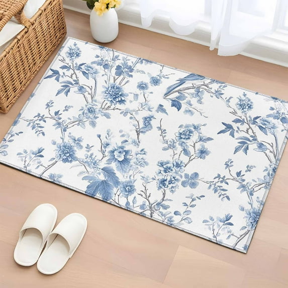 Bathroom Rugs 2x3 Ft, Blue White Spring Floral Non Slip Area Rugs for Kitchen Bedroom Entryway, Summer Botanical Birds Washable Carpet Runner Rug Floor Mats for Bedroom Home Decor