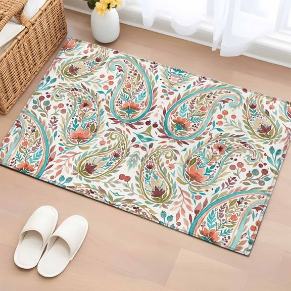 Bathroom Rugs 2x3 Ft, Boho Flower Non Slip Area Rugs for Kitchen Bedroom Entryway, Spring Watercolor Botanical Paisley Floral Leaf Washable Carpet Runner Rug Floor Mats for Bedroom Home Decor