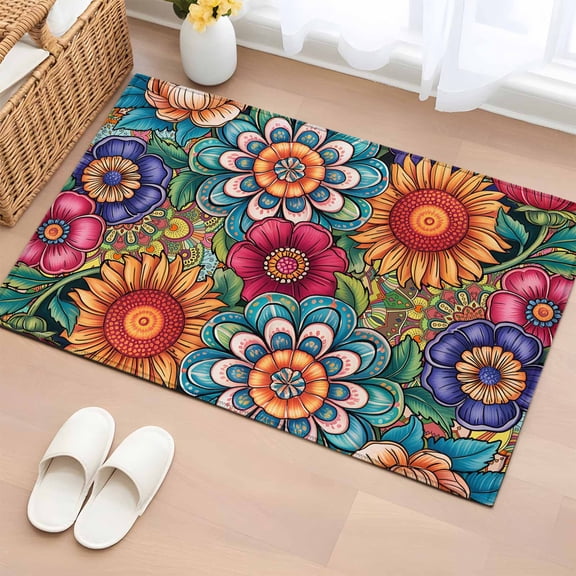 Bathroom Rugs 2x3 Ft, Boho Teal Flower Non Slip Area Rugs for Kitchen Bedroom Entryway, Spring Bohemia Chic Red Yellow Floral Washable Carpet Runner Rug Floor Mats for Bedroom Home Decor