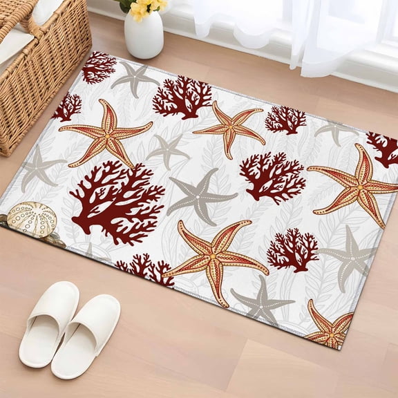 Bathroom Rugs 2x3 Ft, Brown Starfish Coastal Non Slip Area Rugs for Kitchen Bedroom Entryway, Coral Nautical Summer Ocean Washable Carpet Runner Rug Floor Mats for Bedroom Home Decor
