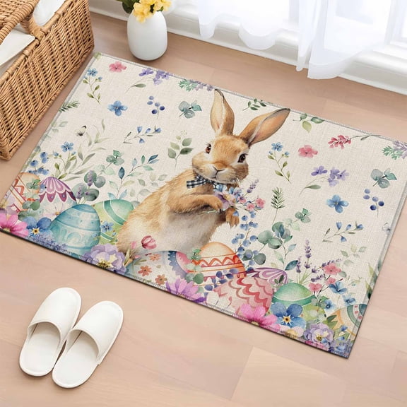 Bathroom Rugs 2x3 Ft, Bunny Easter Non Slip Area Rugs for Kitchen Bedroom Entryway, Spring Floral Eggs Rabbits Rustic Washable Carpet Runner Rug Floor Mats for Bedroom Home Decor