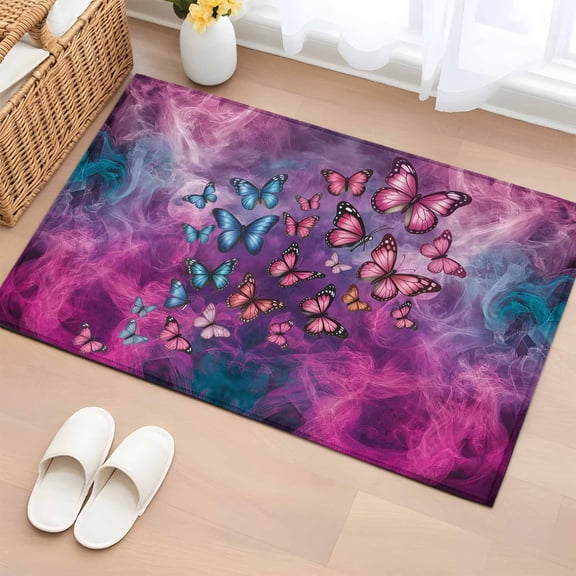 Bathroom Rugs 2x3 Ft, Butterfly Non Slip Area Rugs for Kitchen Bedroom Entryway, Purple Blue Fantasy Dream Butterflies Abstract Washable Carpet Runner Rug Floor Mats for Bedroom Home Decor